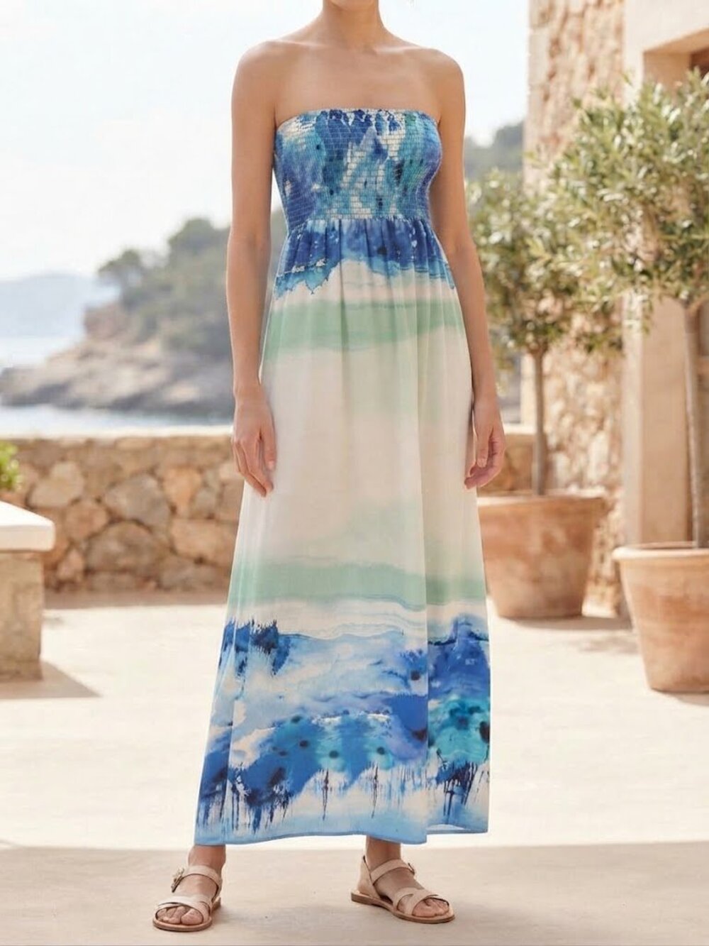 Blue & Green Water Colour Print Strapless Maxi Dress